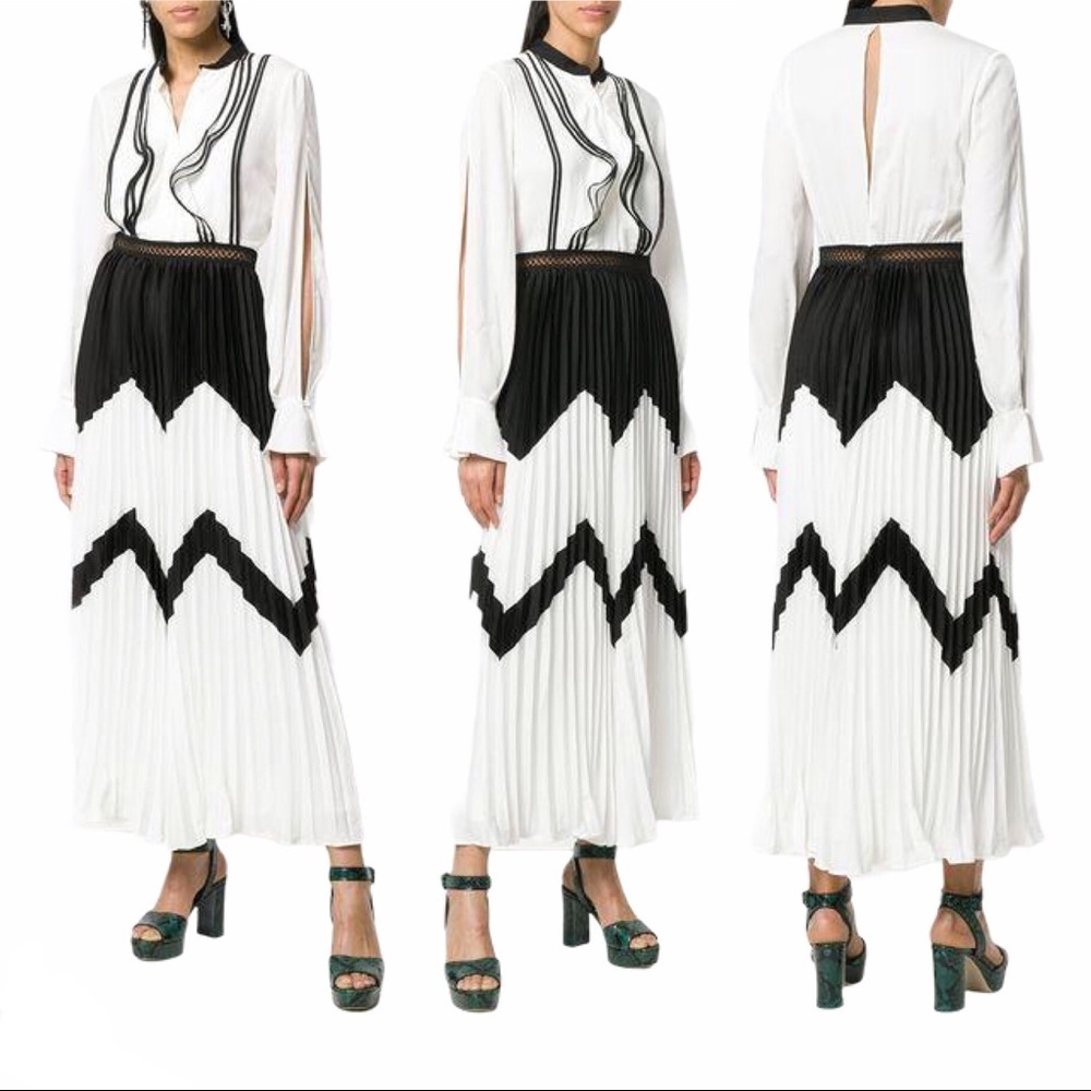 Self-Portrait Monochrome Zig-Zag Pleated Dress